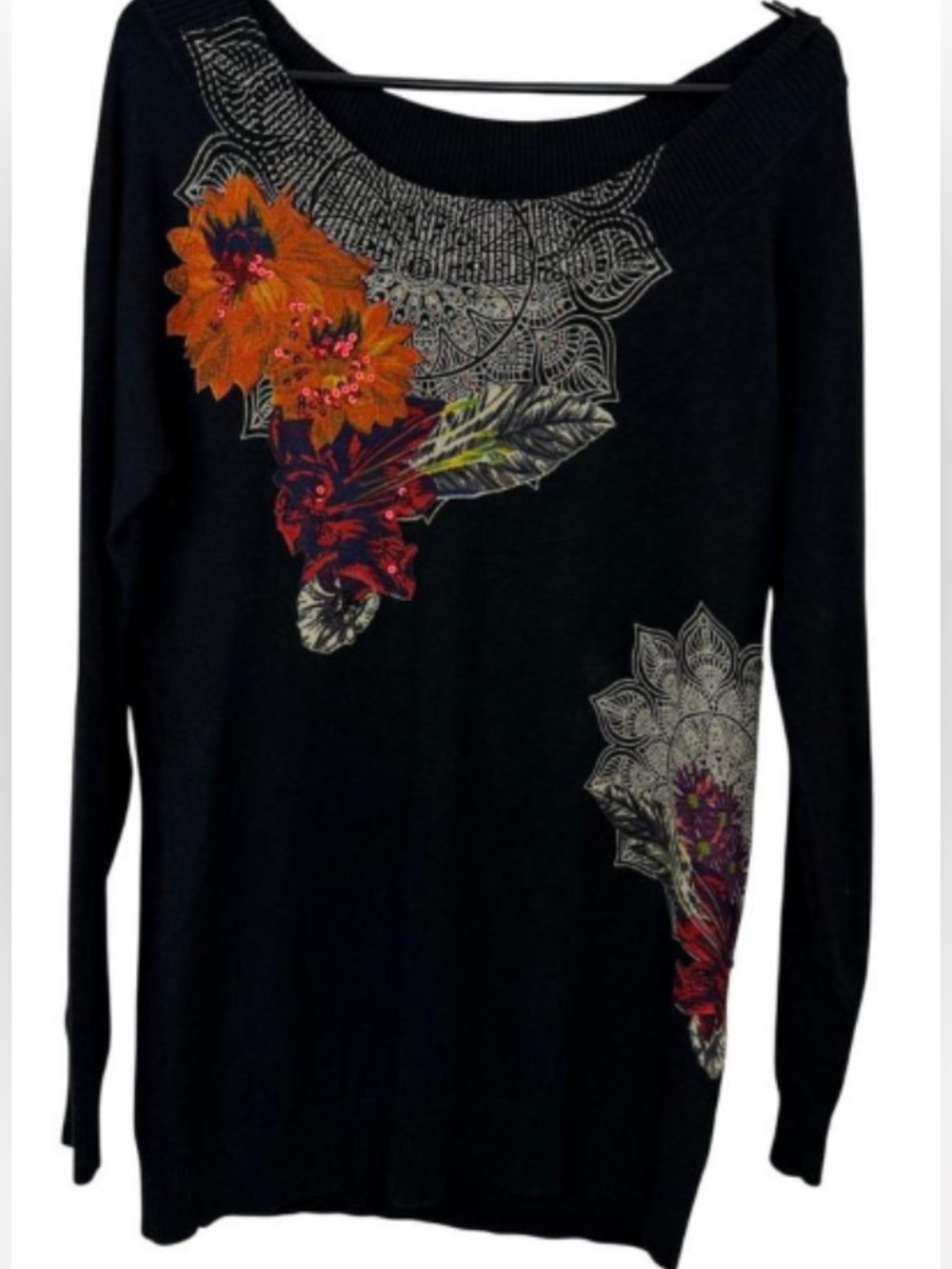 Desigual XL Black Floral-Print Long Sleeve Women’s Lightweight Sweater